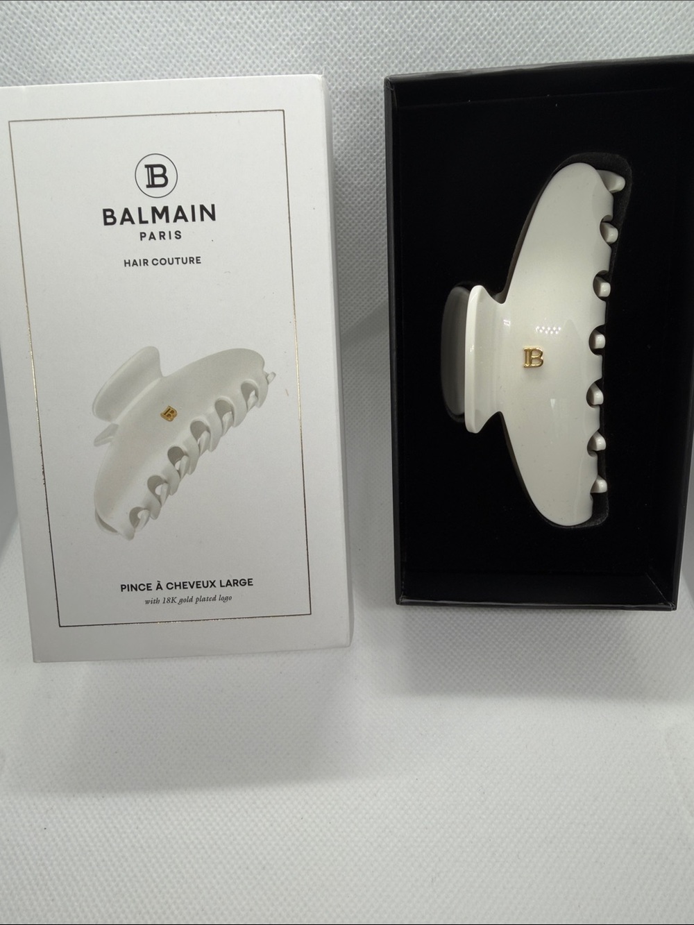 Balmain White Hair Claw with 18 k Gold plated 'B' Accent